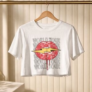 214 Torrid 0 XL White Graphic Crop Top with Red and Yellow Design